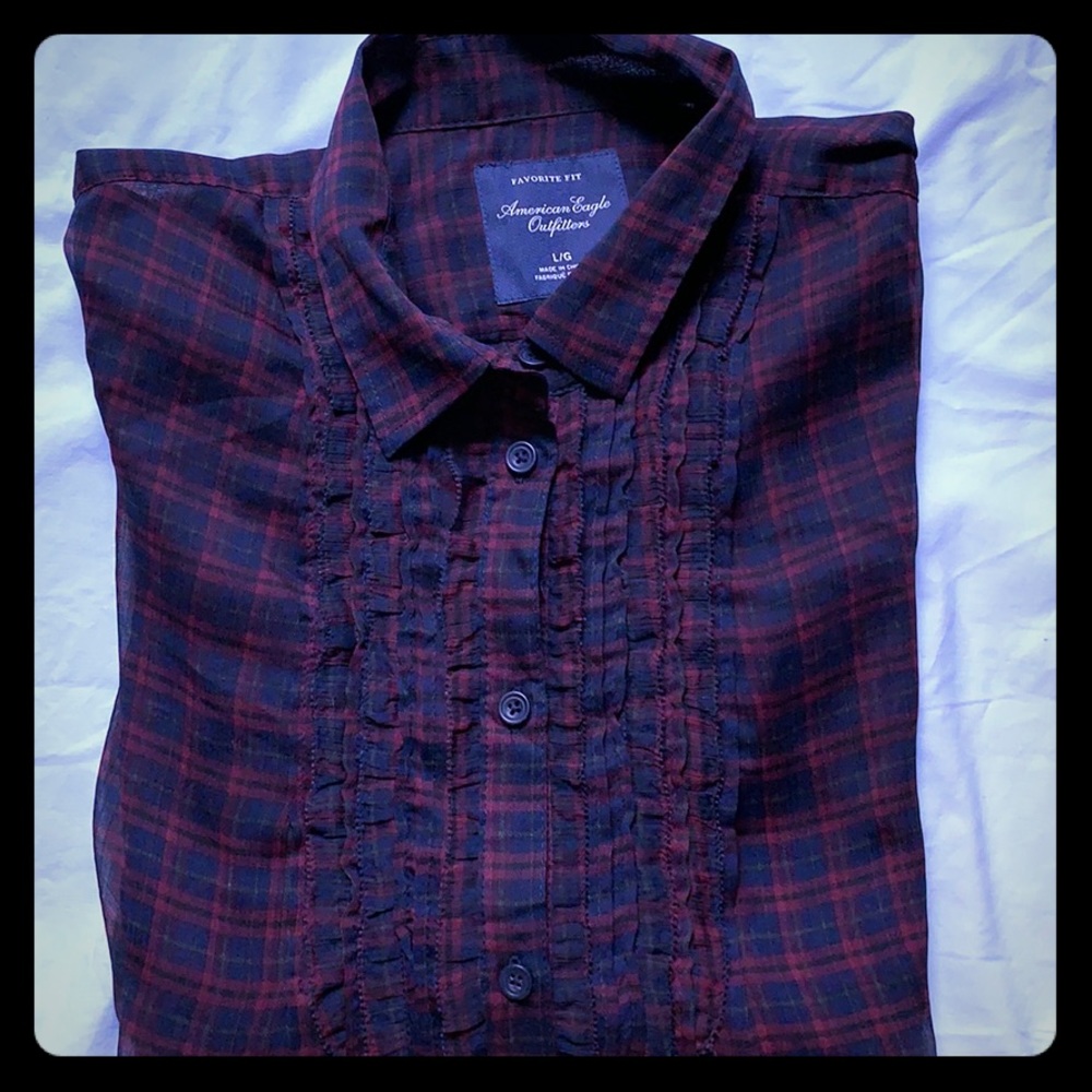 Sheer, plaid, long sleeve button down.